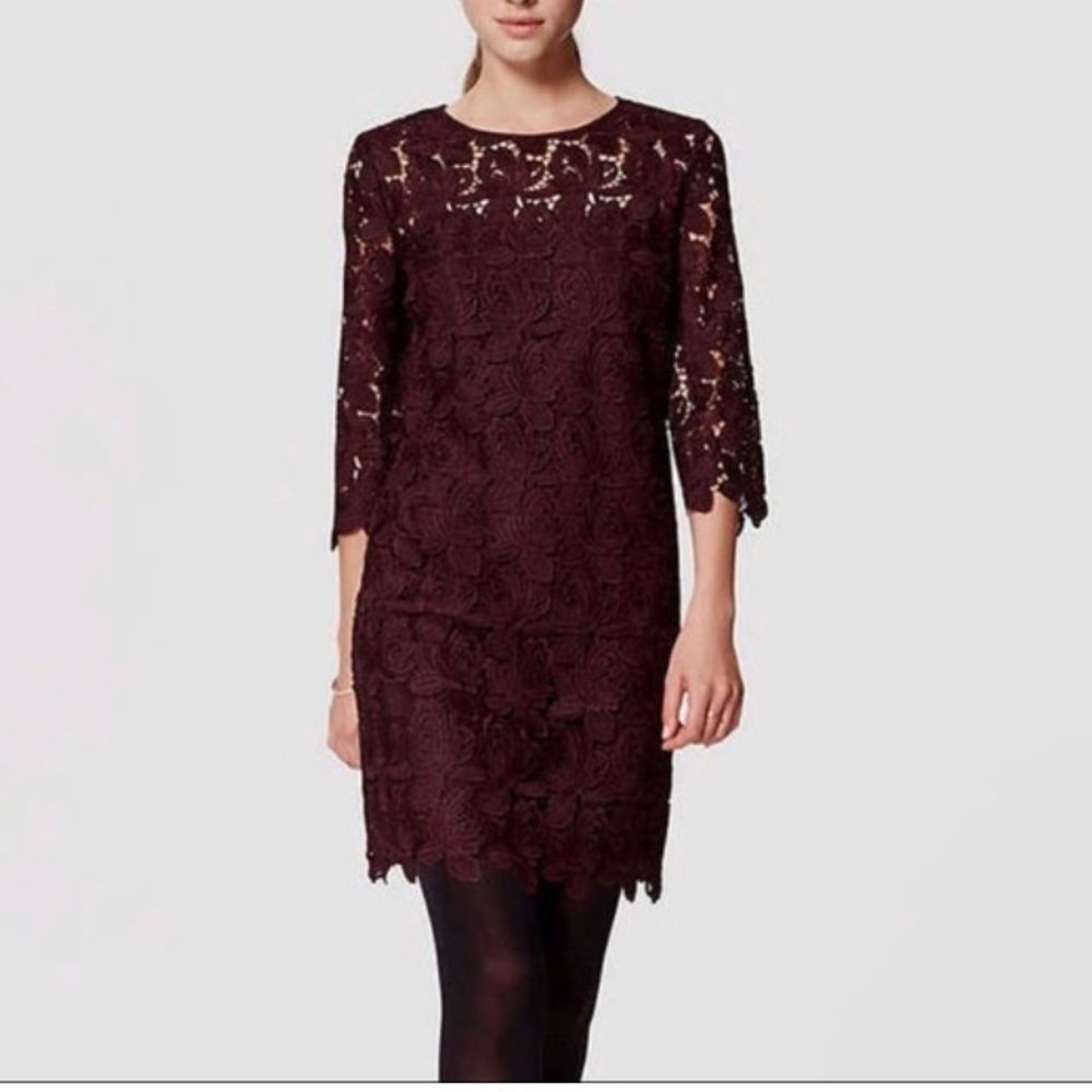Ann Taylor LOFT Women's Lace Overlay Mini Dress Size 2P Burgundy/Purple Romantic